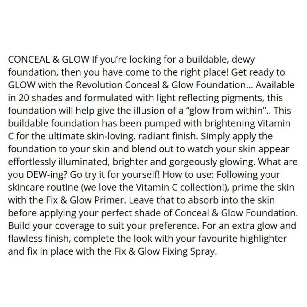 Revolution Conceal & Glow Foundation F6 Buildable Dewy Finish 24H Wear Vitamin C
